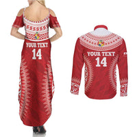Custom Tonga Mate Maa Couples Matching Summer Maxi Dress and Long Sleeve Button Shirt Go Champions Tongan Ngatu - Red