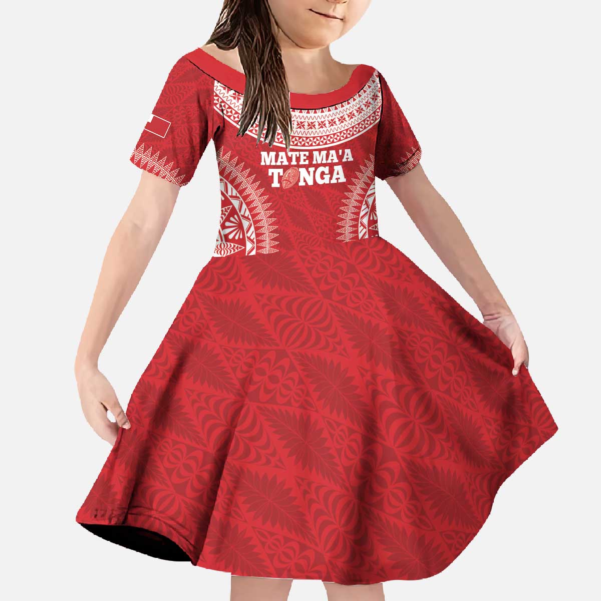 Custom Tonga Mate Maa Family Matching Off The Shoulder Long Sleeve Dress and Hawaiian Shirt Go Champions Tongan Ngatu - Red LT14 Daughter's Dress Red - Polynesian Pride