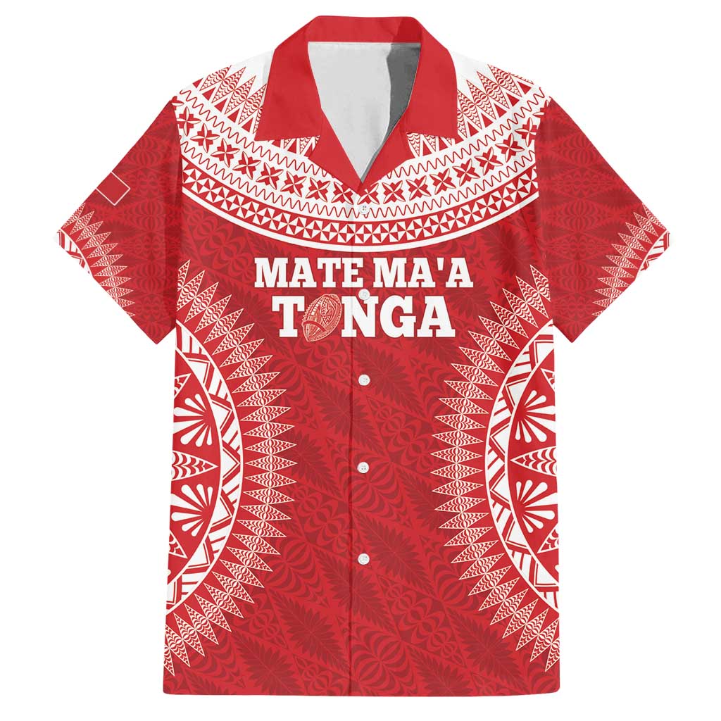 Custom Tonga Mate Maa Family Matching Off Shoulder Maxi Dress and Hawaiian Shirt Go Champions Tongan Ngatu - Red LT14 Dad's Shirt - Short Sleeve Red - Polynesian Pride