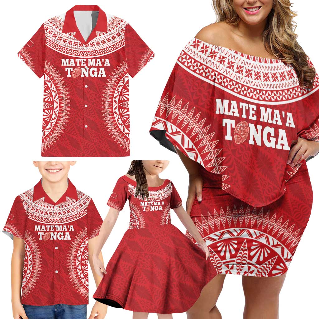 Custom Tonga Mate Maa Family Matching Off Shoulder Short Dress and Hawaiian Shirt Go Champions Tongan Ngatu - Red LT14 - Polynesian Pride