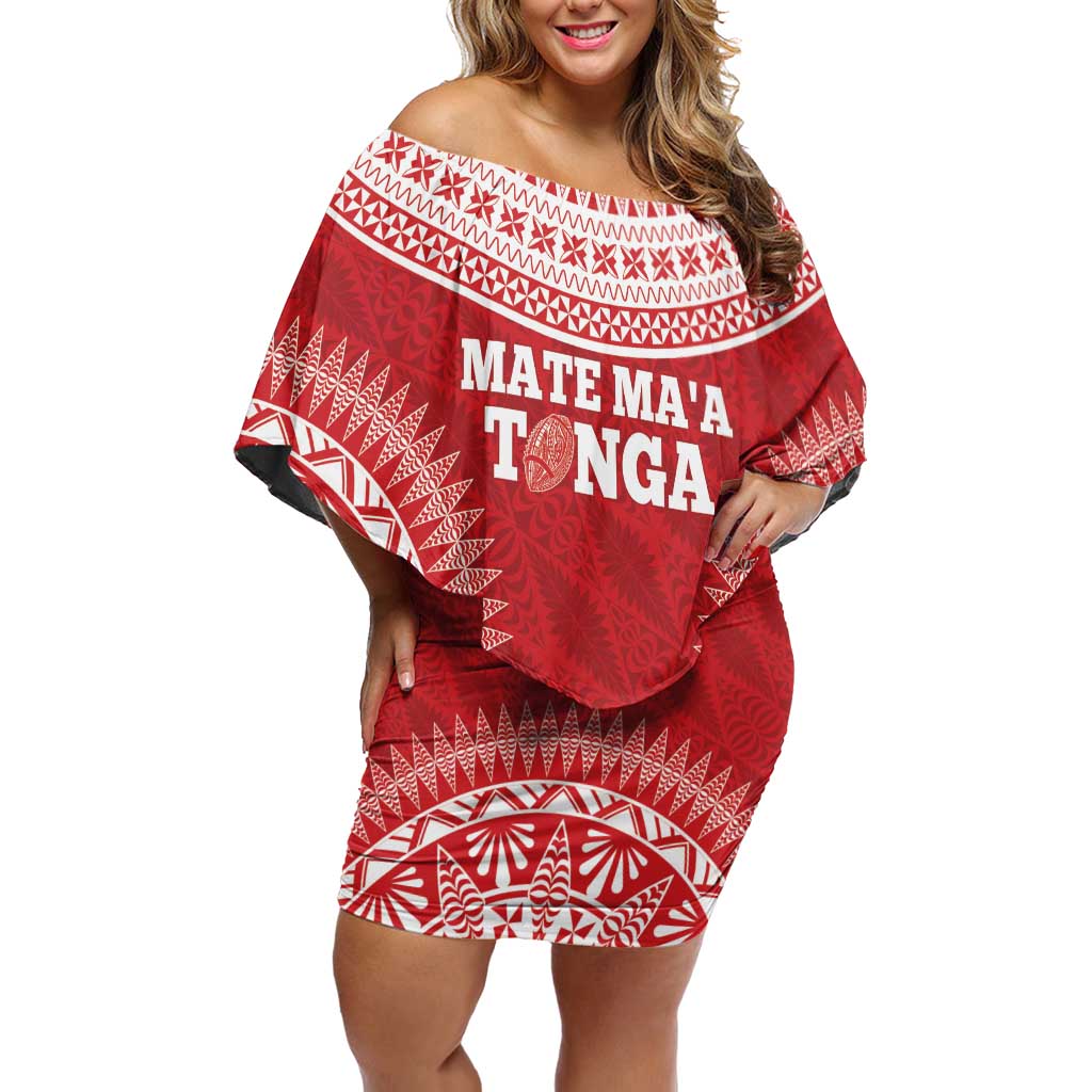 Custom Tonga Mate Maa Family Matching Off Shoulder Short Dress and Hawaiian Shirt Go Champions Tongan Ngatu - Red LT14 Mom's Dress Red - Polynesian Pride