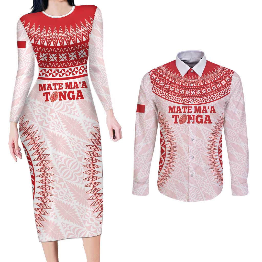 Custom Tonga Mate Maa Couples Matching Long Sleeve Bodycon Dress and Long Sleeve Button Shirt Go Champions Tongan Ngatu - White