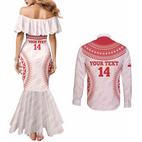 Custom Tonga Mate Maa Couples Matching Mermaid Dress and Long Sleeve Button Shirt Go Champions Tongan Ngatu - White