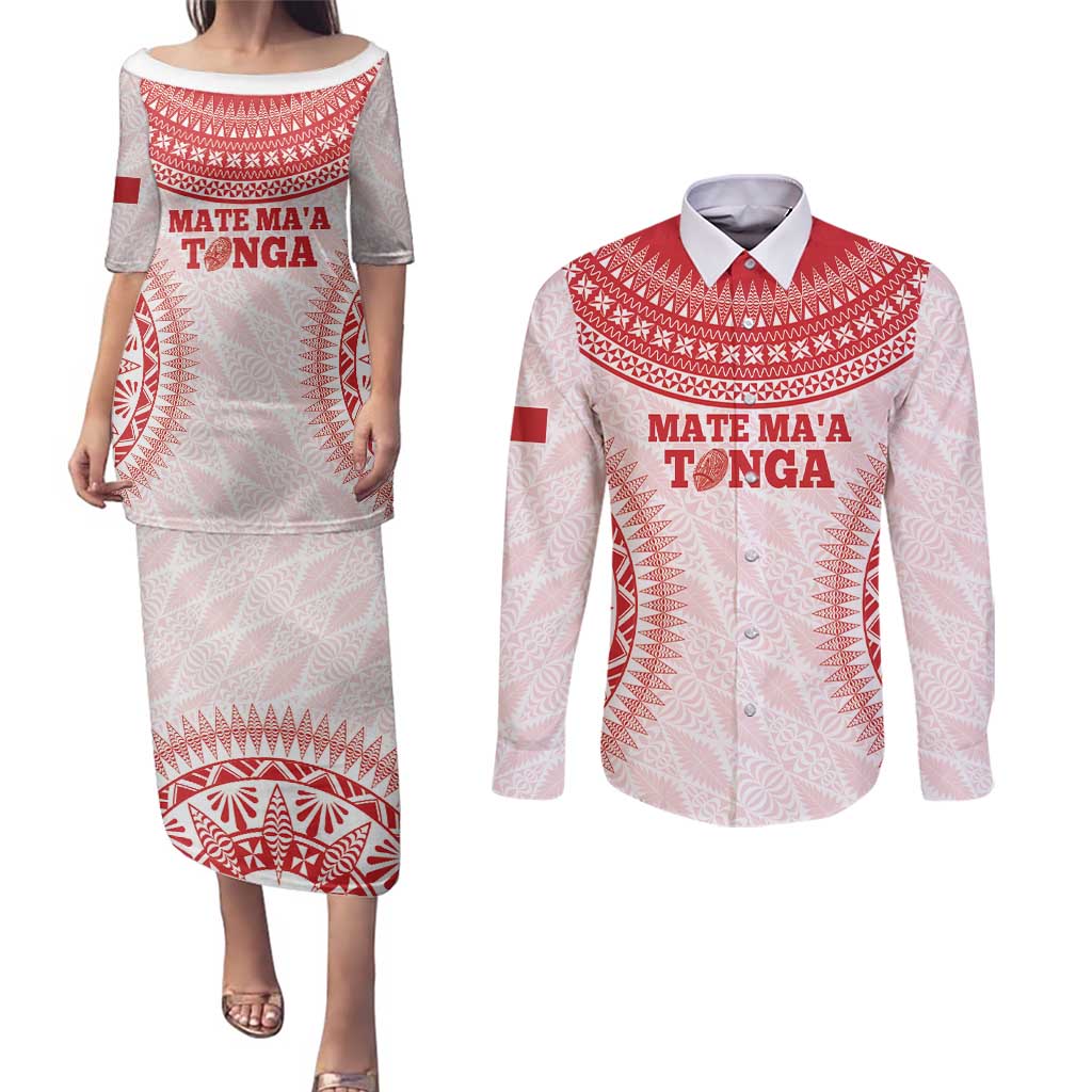 Custom Tonga Mate Maa Couples Matching Puletasi and Long Sleeve Button Shirt Go Champions Tongan Ngatu - White
