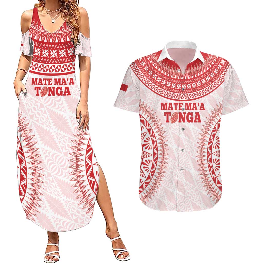 Custom Tonga Mate Maa Couples Matching Summer Maxi Dress and Hawaiian Shirt Go Champions Tongan Ngatu - White