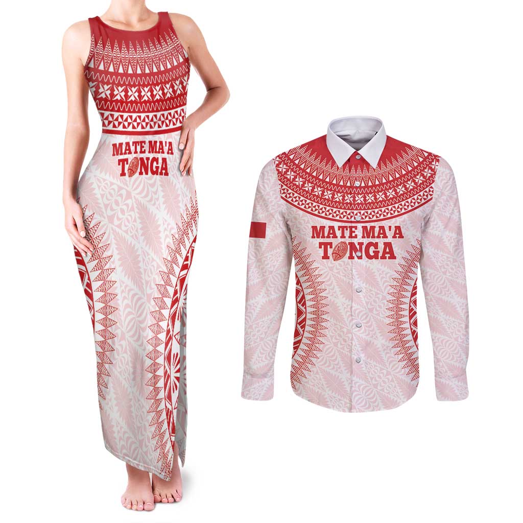 Custom Tonga Mate Maa Couples Matching Tank Maxi Dress and Long Sleeve Button Shirt Go Champions Tongan Ngatu - White