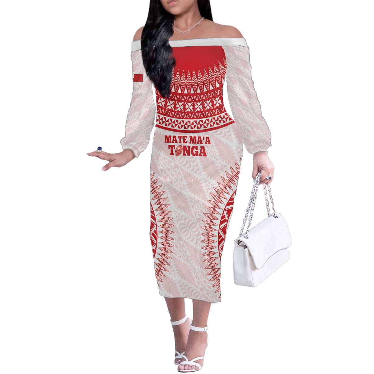 Custom Tonga Mate Maa Family Matching Off The Shoulder Long Sleeve Dress and Hawaiian Shirt Go Champions Tongan Ngatu - White LT14 Mom's Dress White - Polynesian Pride
