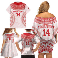 Custom Tonga Mate Maa Family Matching Off Shoulder Short Dress and Hawaiian Shirt Go Champions Tongan Ngatu - White LT14 - Polynesian Pride