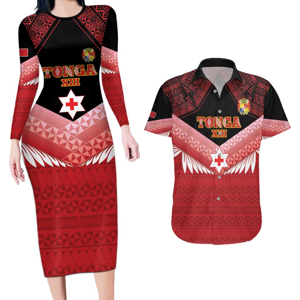 Custom Mate Maa Tonga XIII Couples Matching Long Sleeve Bodycon Dress and Hawaiian Shirt Tongan Kupesi Ngatu - Rugby Style LT14 Red - Polynesian Pride