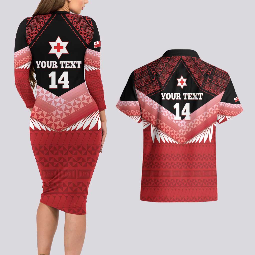 Custom Mate Maa Tonga XIII Couples Matching Long Sleeve Bodycon Dress and Hawaiian Shirt Tongan Kupesi Ngatu - Rugby Style LT14 - Polynesian Pride