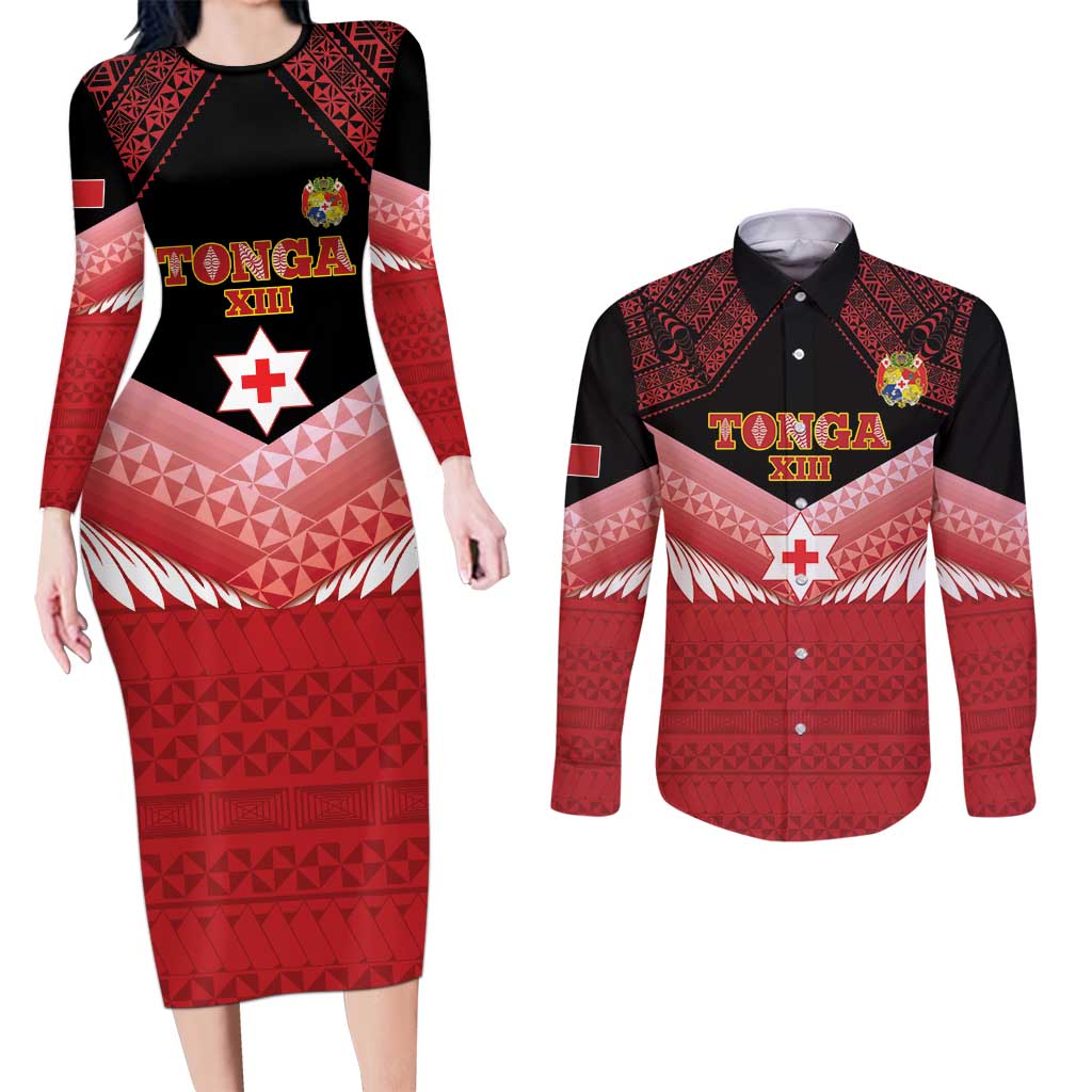 Custom Mate Maa Tonga XIII Couples Matching Long Sleeve Bodycon Dress and Long Sleeve Button Shirt Tongan Kupesi Ngatu - Rugby Style