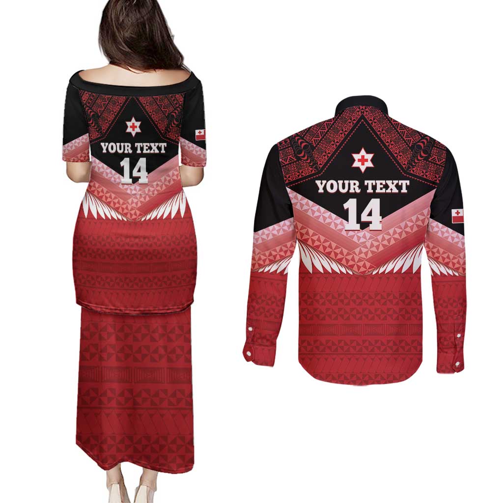 Custom Mate Maa Tonga XIII Couples Matching Puletasi and Long Sleeve Button Shirt Tongan Kupesi Ngatu - Rugby Style