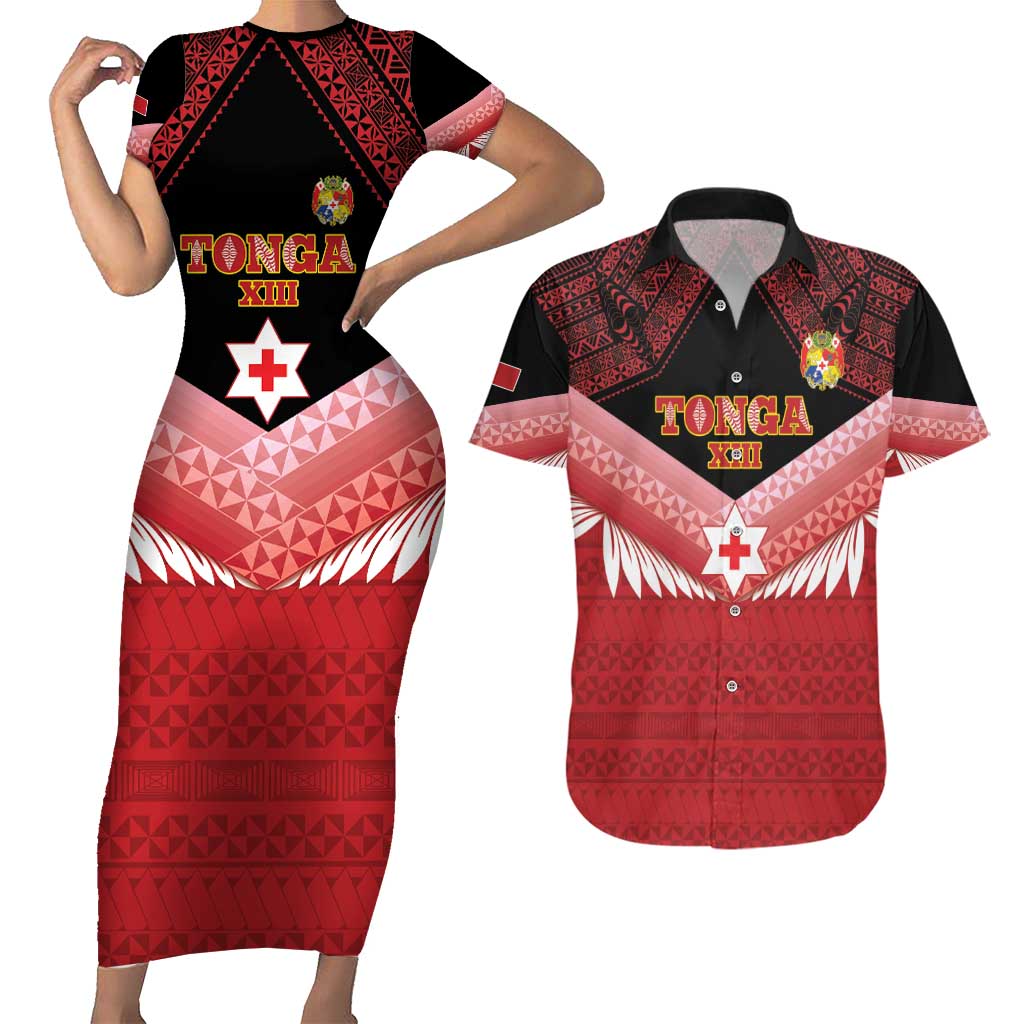 Custom Mate Maa Tonga XIII Couples Matching Short Sleeve Bodycon Dress and Hawaiian Shirt Tongan Kupesi Ngatu - Rugby Style LT14 Red - Polynesian Pride