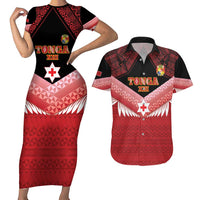 Custom Mate Maa Tonga XIII Couples Matching Short Sleeve Bodycon Dress and Hawaiian Shirt Tongan Kupesi Ngatu - Rugby Style LT14 Red - Polynesian Pride