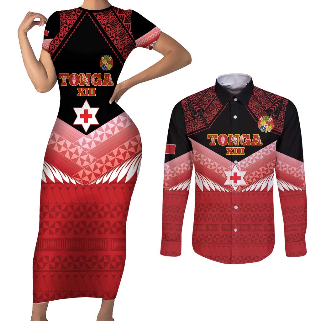 Custom Mate Maa Tonga XIII Couples Matching Short Sleeve Bodycon Dress and Long Sleeve Button Shirt Tongan Kupesi Ngatu - Rugby Style