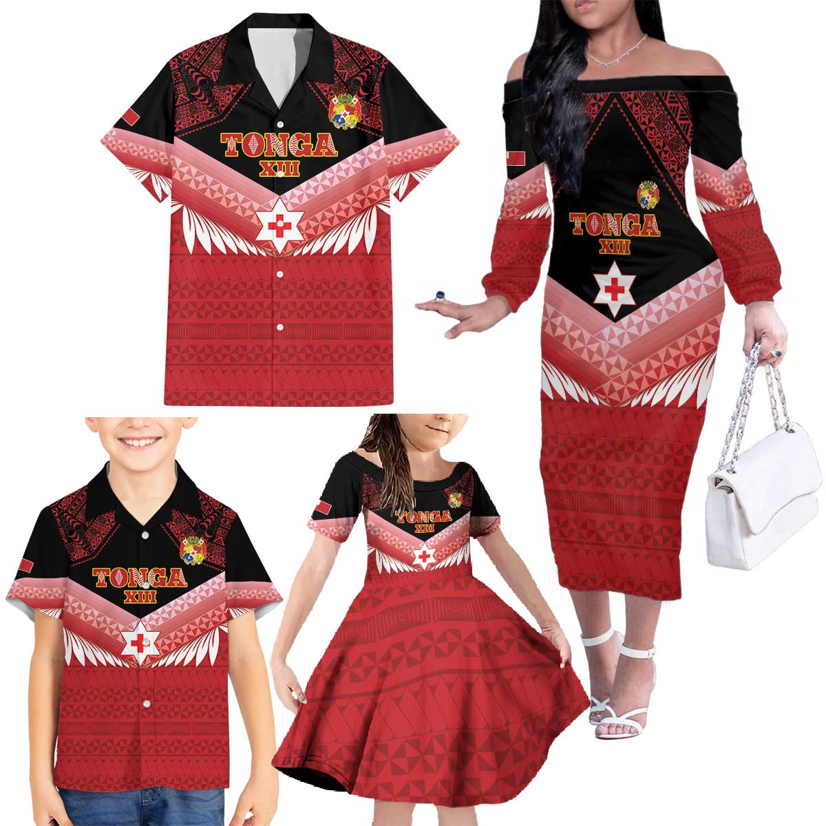 Custom Mate Maa Tonga XIII Family Matching Off The Shoulder Long Sleeve Dress and Hawaiian Shirt Tongan Kupesi Ngatu - Rugby Style LT14 - Polynesian Pride