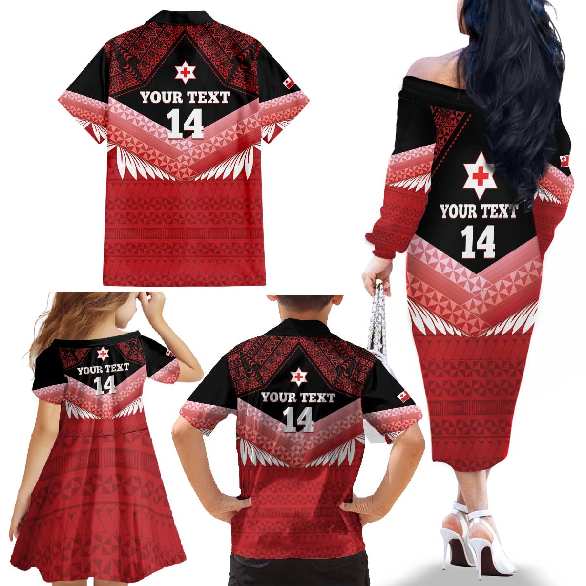 Custom Mate Maa Tonga XIII Family Matching Off The Shoulder Long Sleeve Dress and Hawaiian Shirt Tongan Kupesi Ngatu - Rugby Style LT14 - Polynesian Pride