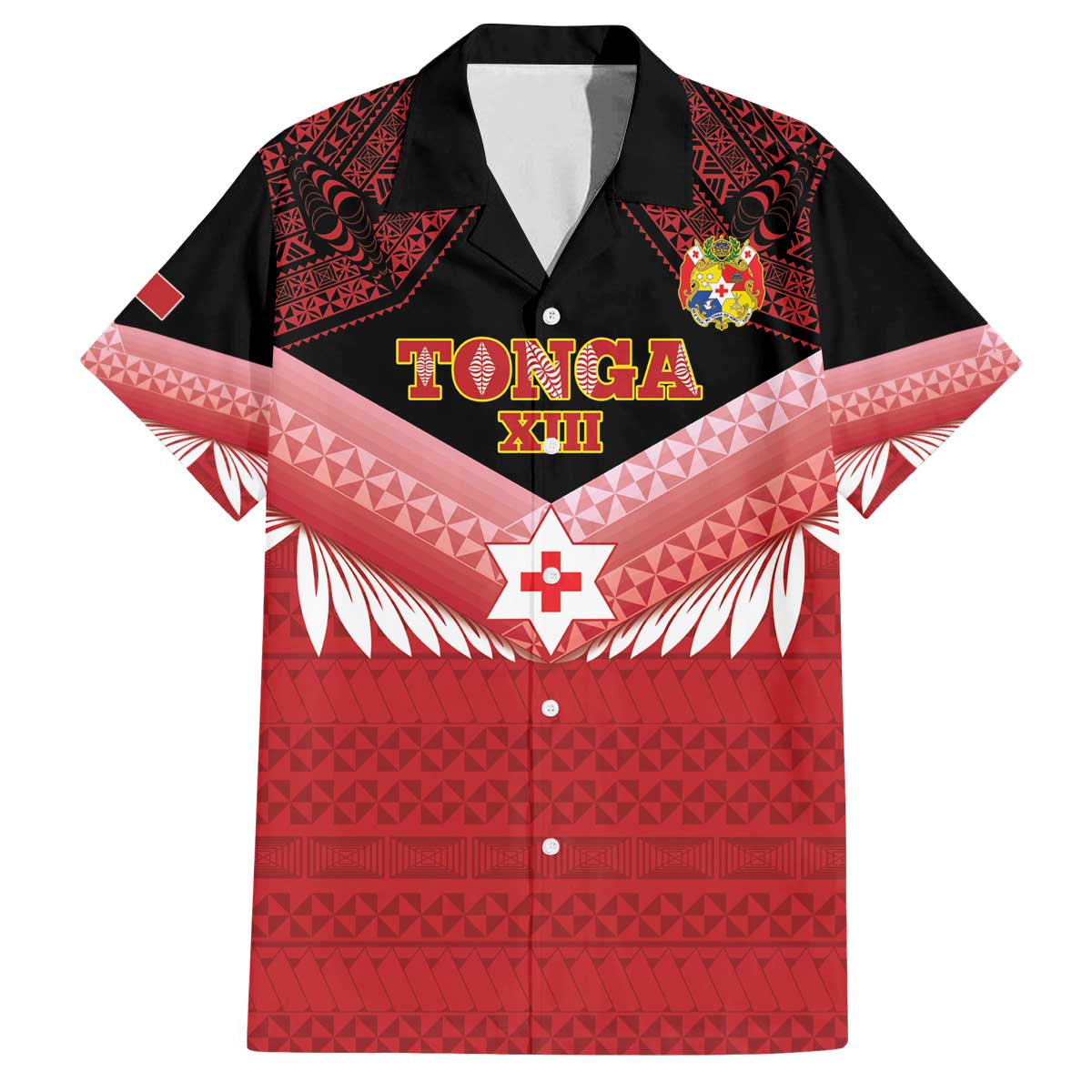 Custom Mate Maa Tonga XIII Family Matching Off The Shoulder Long Sleeve Dress and Hawaiian Shirt Tongan Kupesi Ngatu - Rugby Style LT14 Dad's Shirt - Short Sleeve Red - Polynesian Pride