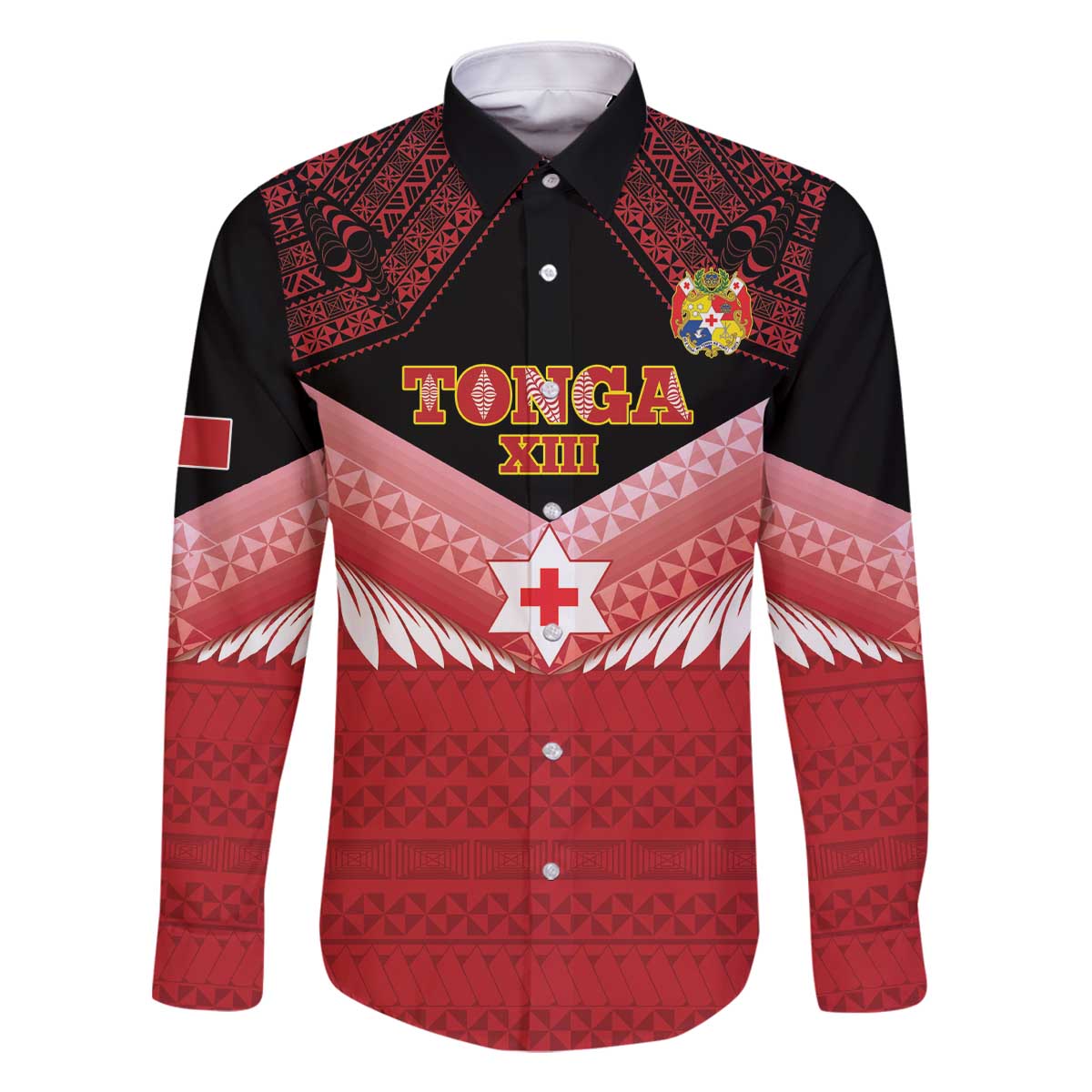 Custom Mate Maa Tonga XIII Family Matching Off The Shoulder Long Sleeve Dress and Hawaiian Shirt Tongan Kupesi Ngatu - Rugby Style LT14 Dad's Shirt - Long Sleeve Red - Polynesian Pride