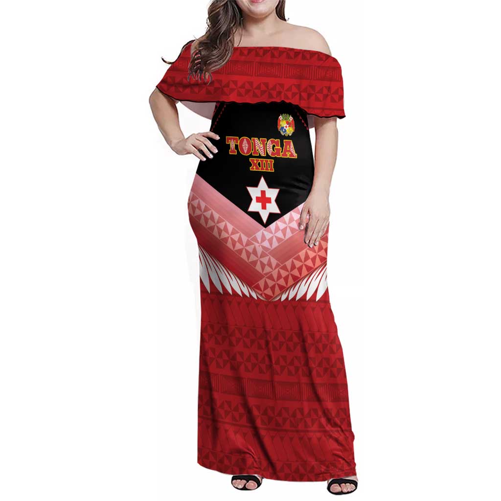Custom Mate Maa Tonga XIII Family Matching Off Shoulder Maxi Dress and Hawaiian Shirt Tongan Kupesi Ngatu - Rugby Style LT14 Mom's Dress Red - Polynesian Pride