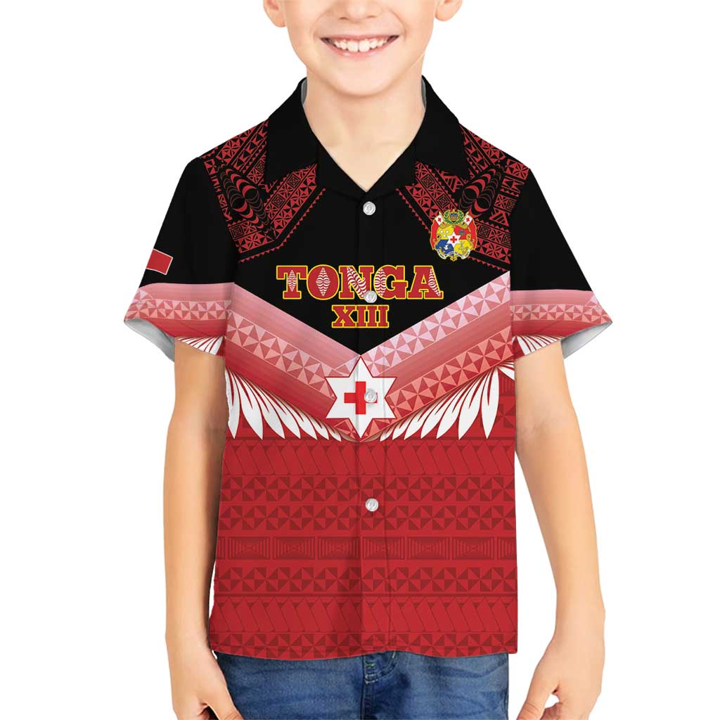 Custom Mate Maa Tonga XIII Family Matching Off Shoulder Maxi Dress and Hawaiian Shirt Tongan Kupesi Ngatu - Rugby Style LT14 Son's Shirt Red - Polynesian Pride