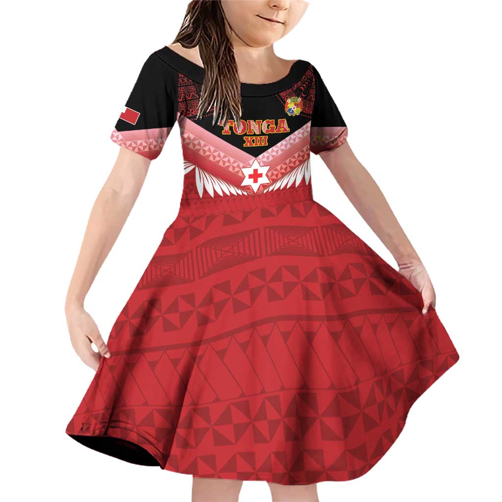 Custom Mate Maa Tonga XIII Family Matching Off Shoulder Short Dress and Hawaiian Shirt Tongan Kupesi Ngatu - Rugby Style LT14 Daughter's Dress Red - Polynesian Pride