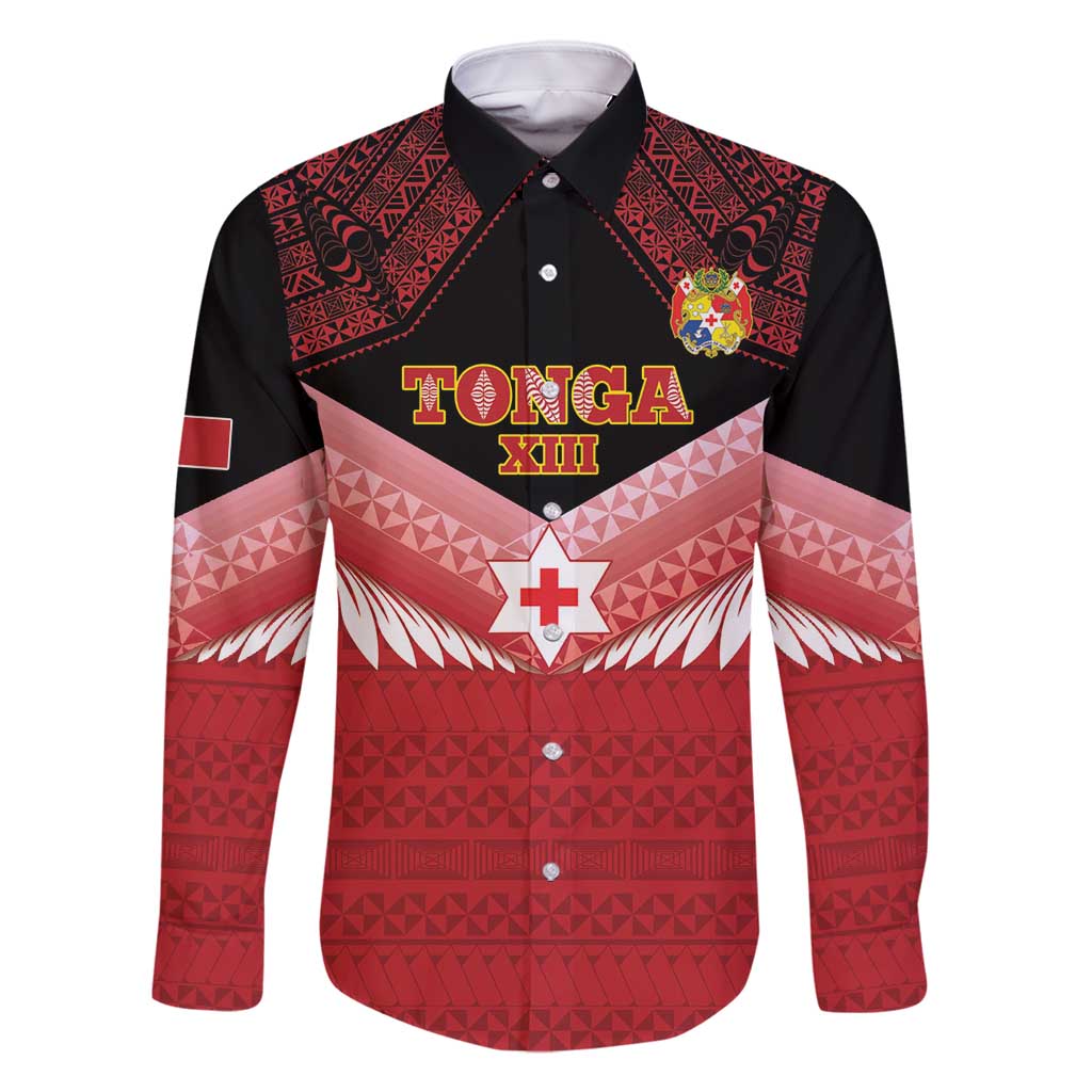 Custom Mate Maa Tonga XIII Family Matching Off Shoulder Short Dress and Hawaiian Shirt Tongan Kupesi Ngatu - Rugby Style LT14 Dad's Shirt - Long Sleeve Red - Polynesian Pride