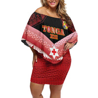 Custom Mate Maa Tonga XIII Family Matching Off Shoulder Short Dress and Hawaiian Shirt Tongan Kupesi Ngatu - Rugby Style LT14 Mom's Dress Red - Polynesian Pride