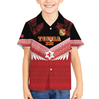 Custom Mate Maa Tonga XIII Family Matching Off Shoulder Short Dress and Hawaiian Shirt Tongan Kupesi Ngatu - Rugby Style LT14 Son's Shirt Red - Polynesian Pride