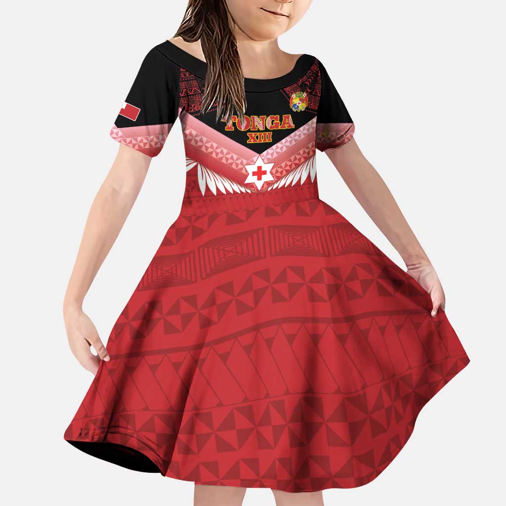 Custom Mate Maa Tonga XIII Family Matching Puletasi and Hawaiian Shirt Tongan Kupesi Ngatu - Rugby Style LT14 Daughter's Dress Red - Polynesian Pride