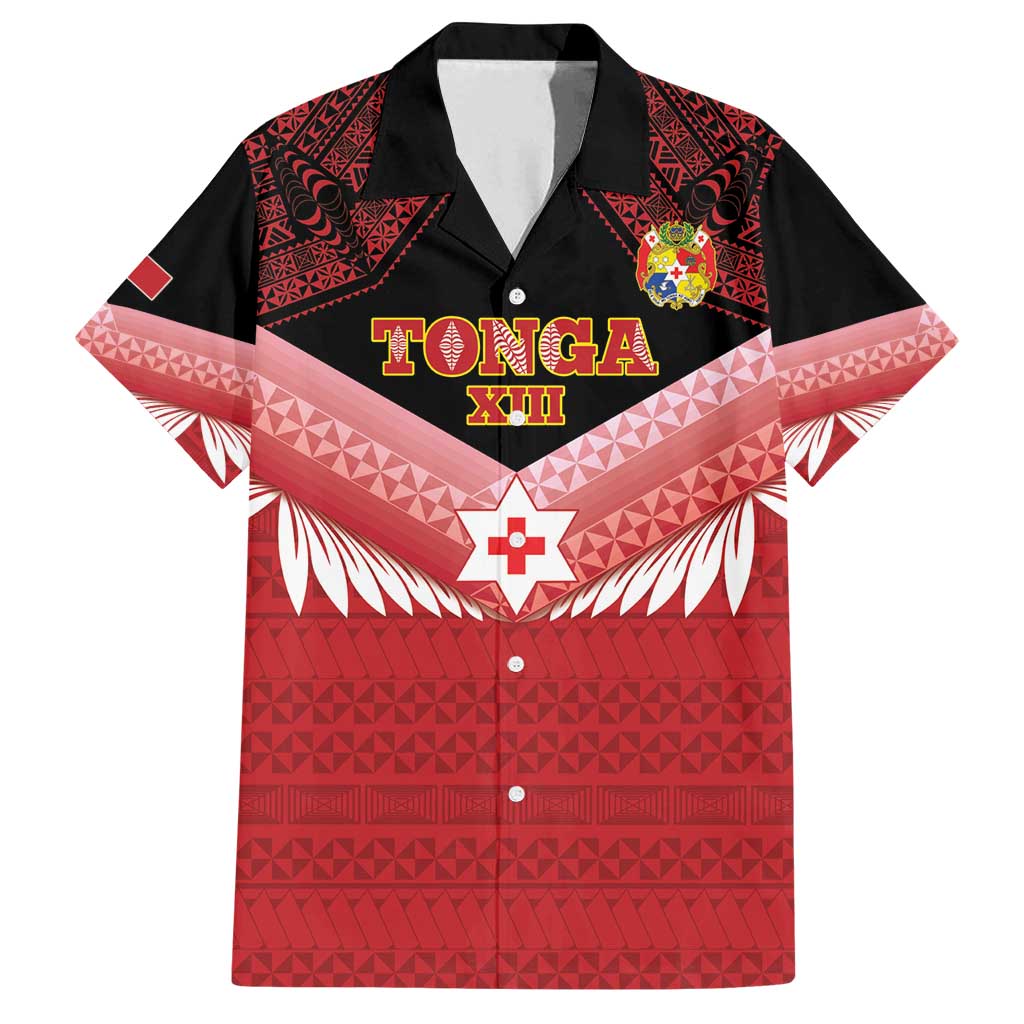 Custom Mate Maa Tonga XIII Family Matching Puletasi and Hawaiian Shirt Tongan Kupesi Ngatu - Rugby Style LT14 Dad's Shirt - Short Sleeve Red - Polynesian Pride