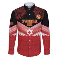 Custom Mate Maa Tonga XIII Family Matching Puletasi and Hawaiian Shirt Tongan Kupesi Ngatu - Rugby Style LT14 Dad's Shirt - Long Sleeve Red - Polynesian Pride