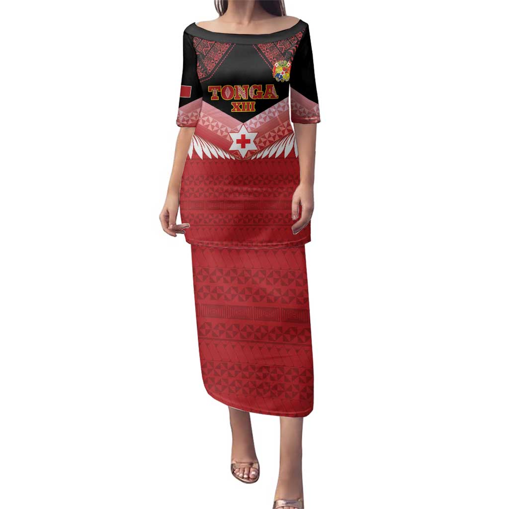 Custom Mate Maa Tonga XIII Family Matching Puletasi and Hawaiian Shirt Tongan Kupesi Ngatu - Rugby Style LT14 Mom's Dress Red - Polynesian Pride