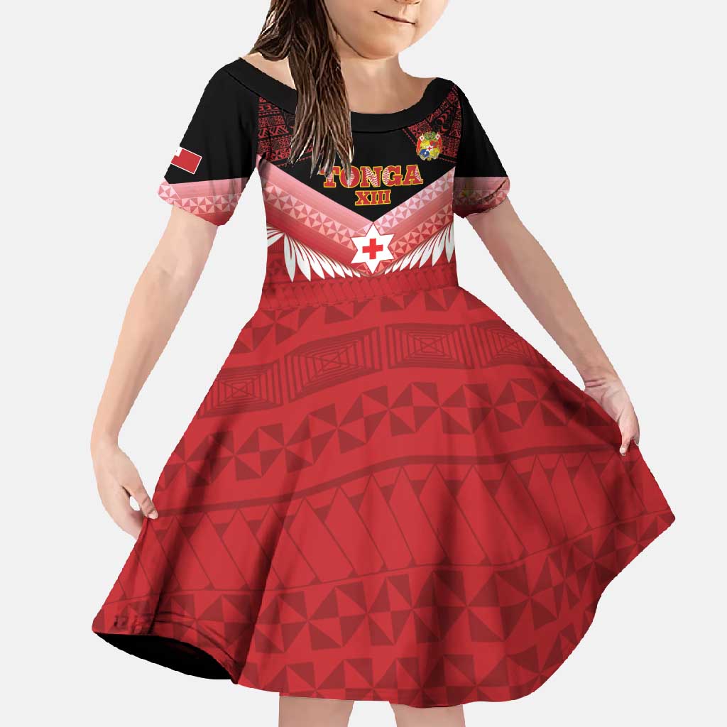 Custom Mate Maa Tonga XIII Family Matching Tank Maxi Dress and Hawaiian Shirt Tongan Kupesi Ngatu - Rugby Style LT14 Daughter's Dress Red - Polynesian Pride