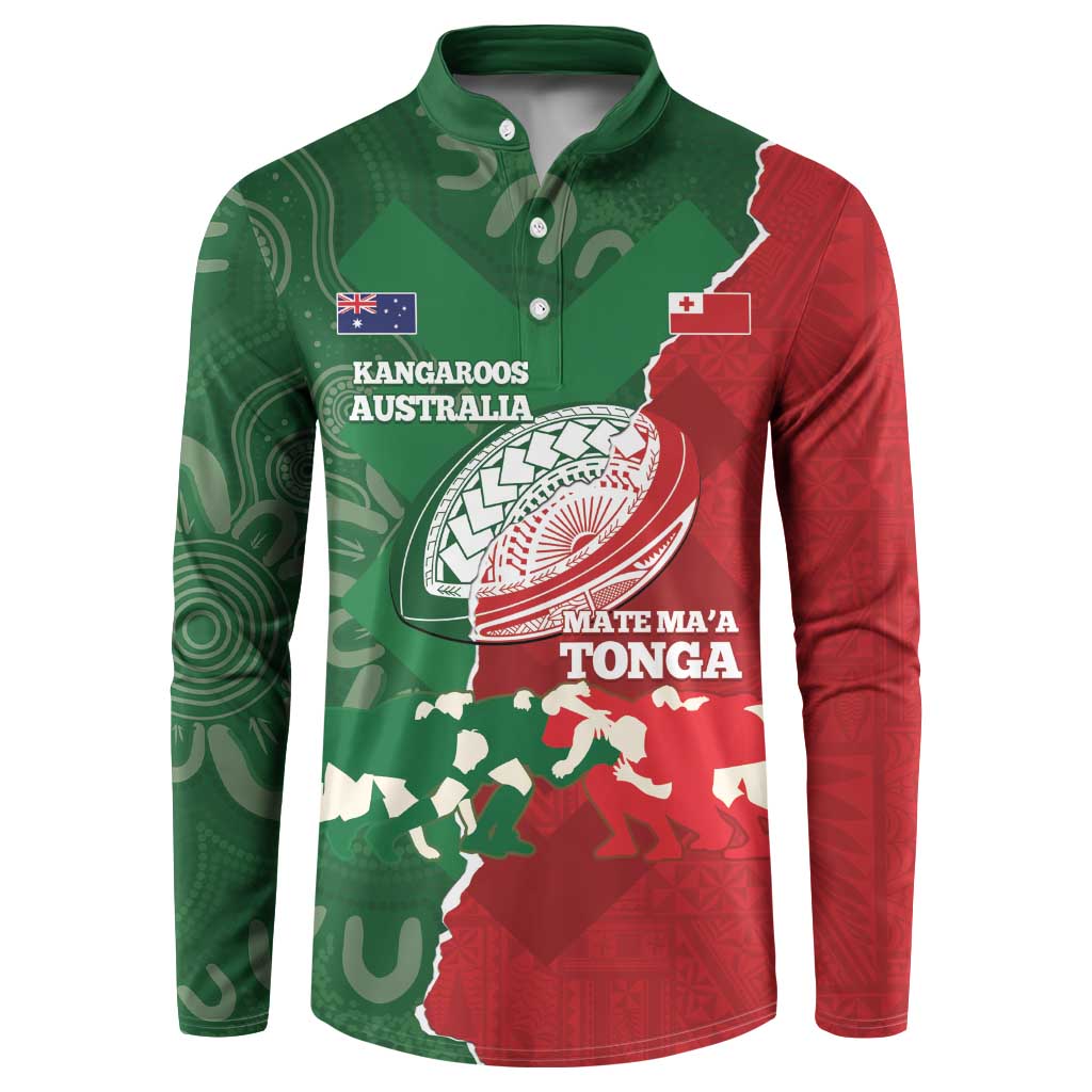 Custom Tonga And Australia Rugby Button Sweatshirt Mate Maa Tongan Ngatu Mix Kangaroos Aboriginal