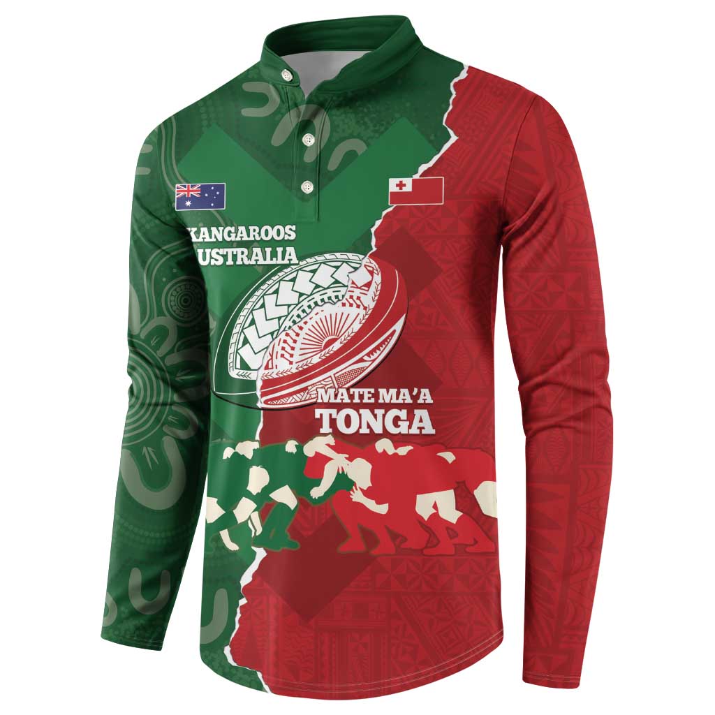 Custom Tonga And Australia Rugby Button Sweatshirt Mate Maa Tongan Ngatu Mix Kangaroos Aboriginal