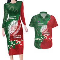 Custom Tonga And Australia Rugby Couples Matching Long Sleeve Bodycon Dress and Hawaiian Shirt Mate Maa Tongan Ngatu Mix Kangaroos Aboriginal LT14 Green - Polynesian Pride