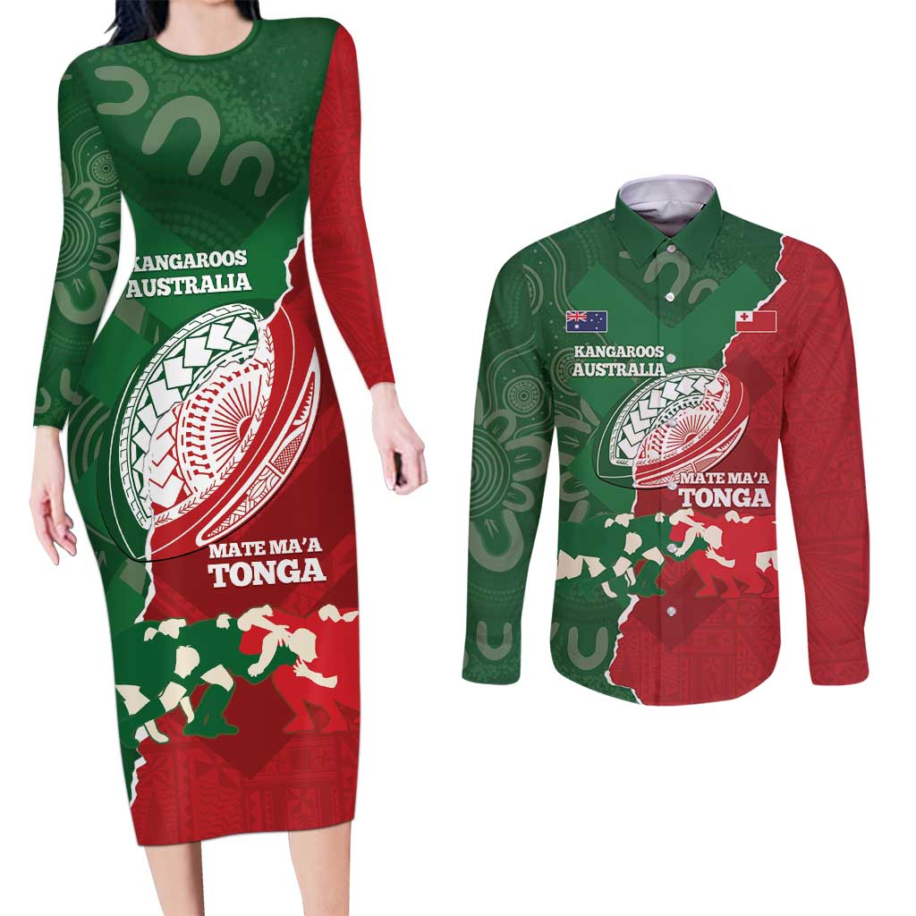 Custom Tonga And Australia Rugby Couples Matching Long Sleeve Bodycon Dress and Long Sleeve Button Shirt Mate Maa Tongan Ngatu Mix Kangaroos Aboriginal