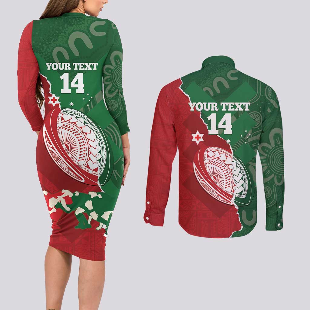 Custom Tonga And Australia Rugby Couples Matching Long Sleeve Bodycon Dress and Long Sleeve Button Shirt Mate Maa Tongan Ngatu Mix Kangaroos Aboriginal