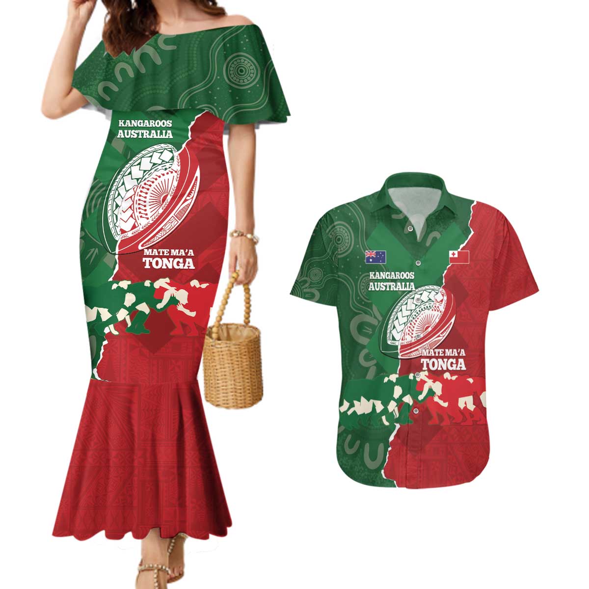 Custom Tonga And Australia Rugby Couples Matching Mermaid Dress and Hawaiian Shirt Mate Maa Tongan Ngatu Mix Kangaroos Aboriginal LT14 Green - Polynesian Pride