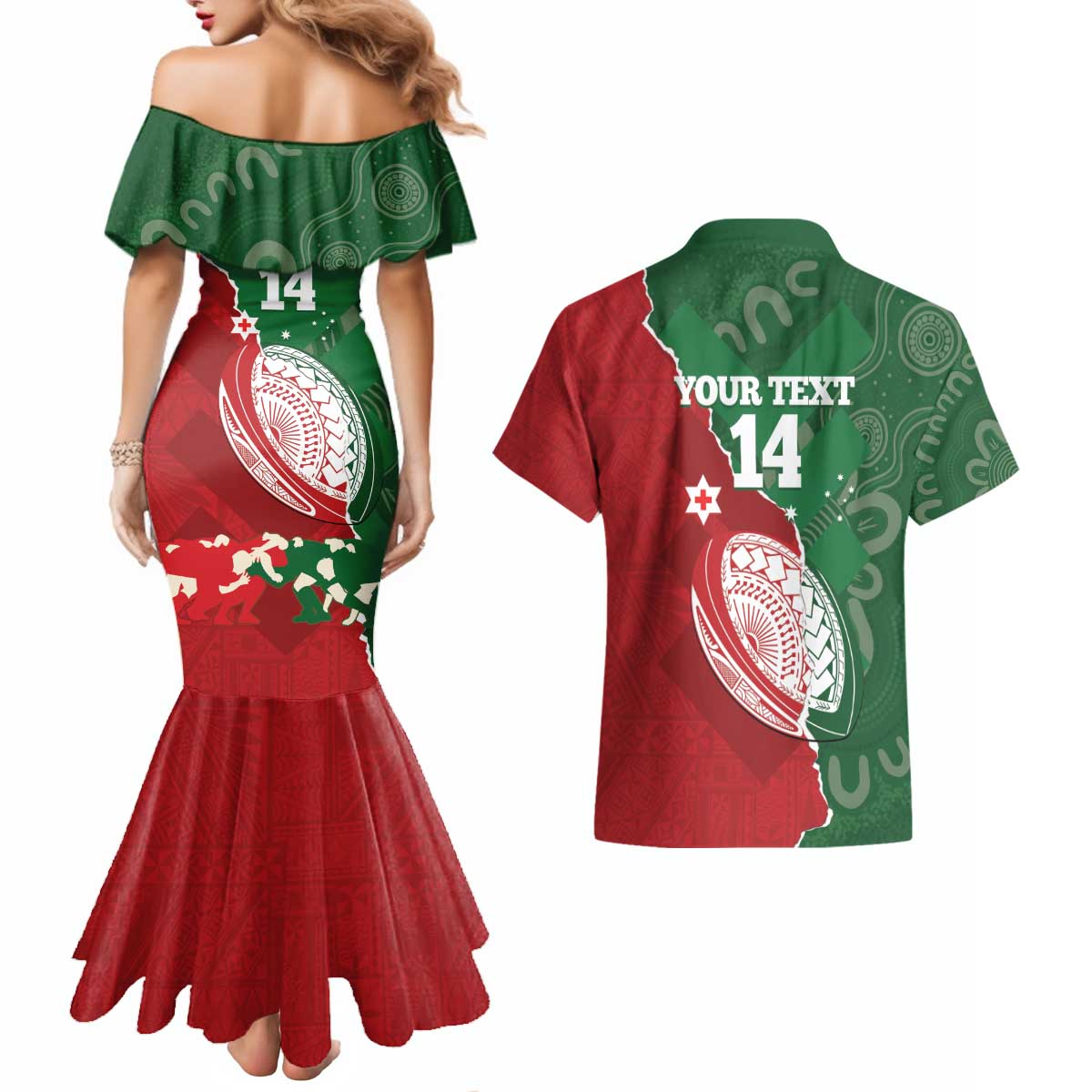 Custom Tonga And Australia Rugby Couples Matching Mermaid Dress and Hawaiian Shirt Mate Maa Tongan Ngatu Mix Kangaroos Aboriginal LT14 - Polynesian Pride