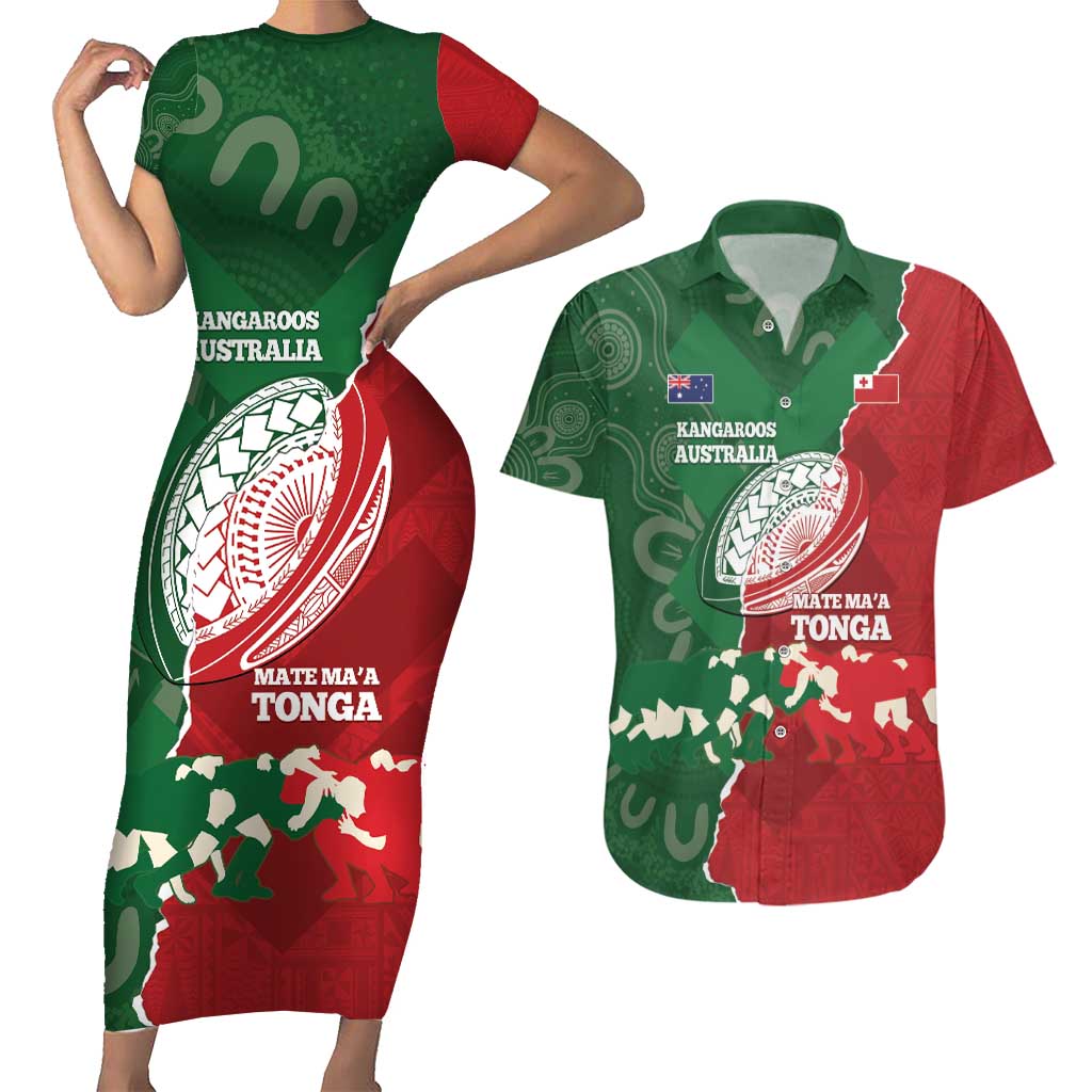 Custom Tonga And Australia Rugby Couples Matching Short Sleeve Bodycon Dress and Hawaiian Shirt Mate Maa Tongan Ngatu Mix Kangaroos Aboriginal LT14 Green - Polynesian Pride