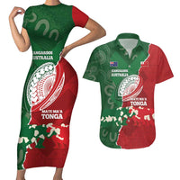 Custom Tonga And Australia Rugby Couples Matching Short Sleeve Bodycon Dress and Hawaiian Shirt Mate Maa Tongan Ngatu Mix Kangaroos Aboriginal LT14 Green - Polynesian Pride