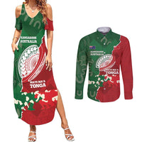 Custom Tonga And Australia Rugby Couples Matching Summer Maxi Dress and Long Sleeve Button Shirt Mate Maa Tongan Ngatu Mix Kangaroos Aboriginal