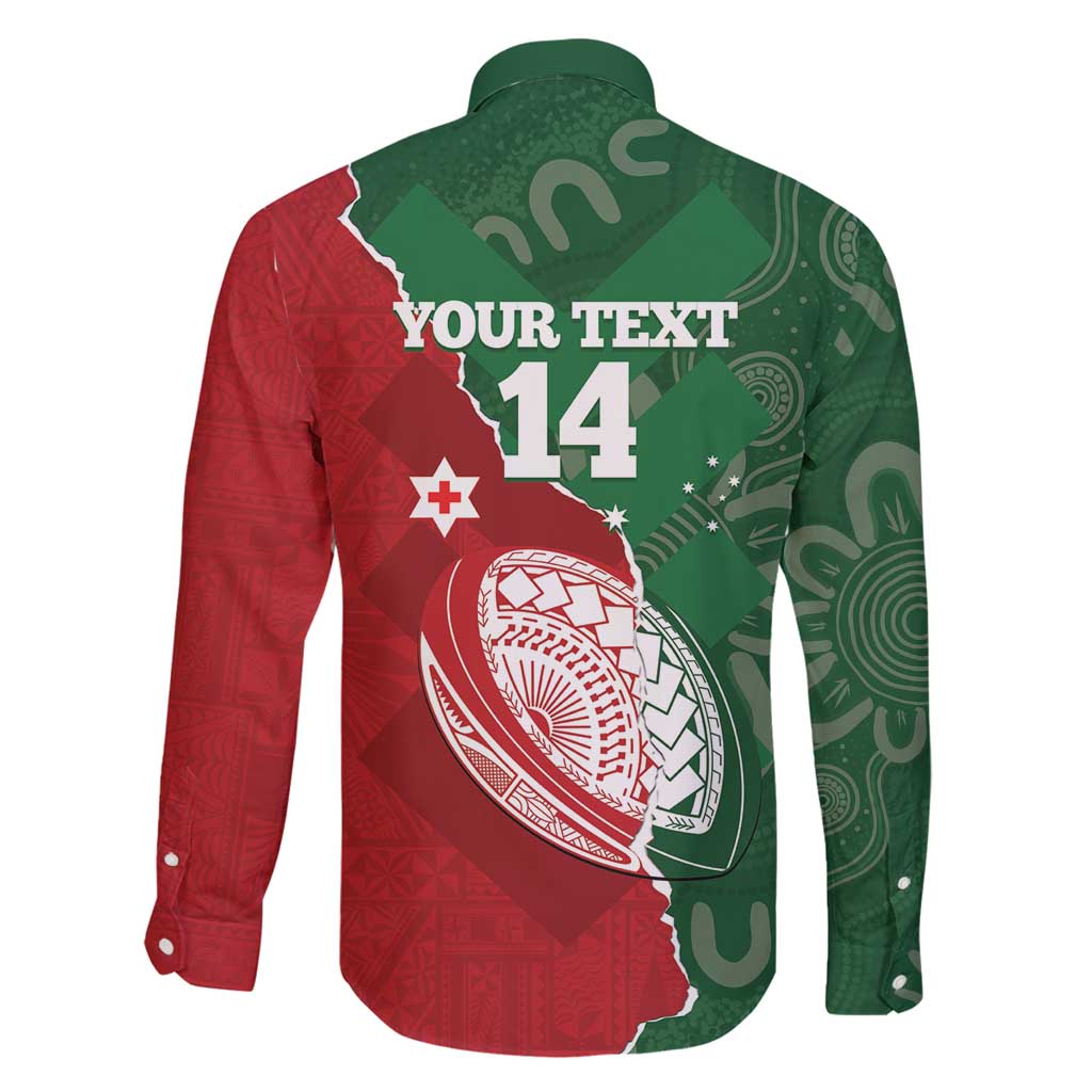 Custom Tonga And Australia Rugby Family Matching Long Sleeve Bodycon Dress and Hawaiian Shirt Mate Maa Tongan Ngatu Mix Kangaroos Aboriginal