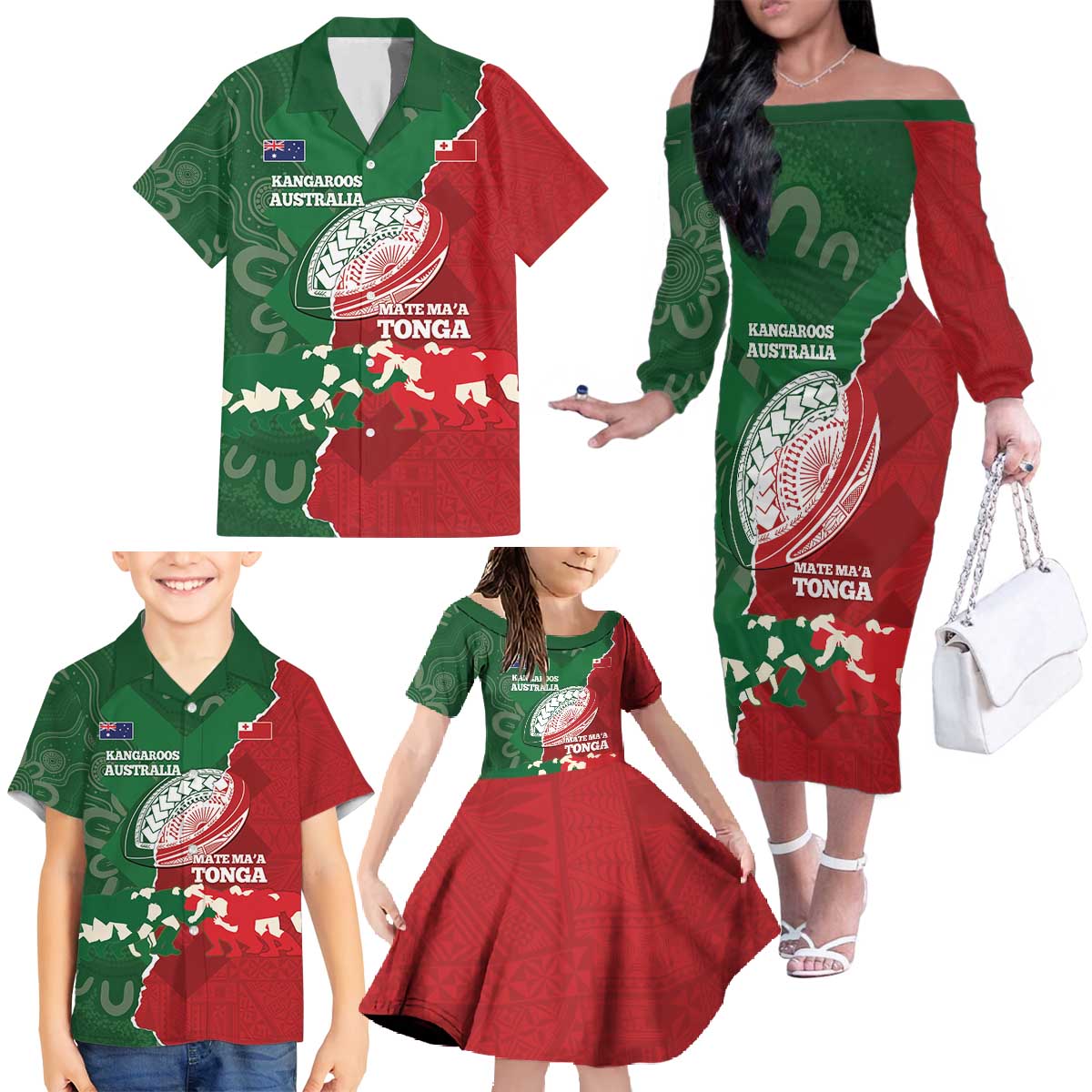 Custom Tonga And Australia Rugby Family Matching Off The Shoulder Long Sleeve Dress and Hawaiian Shirt Mate Maa Tongan Ngatu Mix Kangaroos Aboriginal LT14 - Polynesian Pride