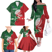 Custom Tonga And Australia Rugby Family Matching Off The Shoulder Long Sleeve Dress and Hawaiian Shirt Mate Maa Tongan Ngatu Mix Kangaroos Aboriginal LT14 - Polynesian Pride