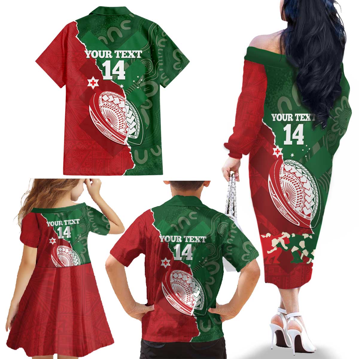 Custom Tonga And Australia Rugby Family Matching Off The Shoulder Long Sleeve Dress and Hawaiian Shirt Mate Maa Tongan Ngatu Mix Kangaroos Aboriginal LT14 - Polynesian Pride