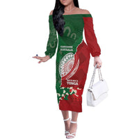 Custom Tonga And Australia Rugby Family Matching Off The Shoulder Long Sleeve Dress and Hawaiian Shirt Mate Maa Tongan Ngatu Mix Kangaroos Aboriginal LT14 Mom's Dress Green - Polynesian Pride