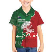 Custom Tonga And Australia Rugby Family Matching Off The Shoulder Long Sleeve Dress and Hawaiian Shirt Mate Maa Tongan Ngatu Mix Kangaroos Aboriginal LT14 Son's Shirt Green - Polynesian Pride